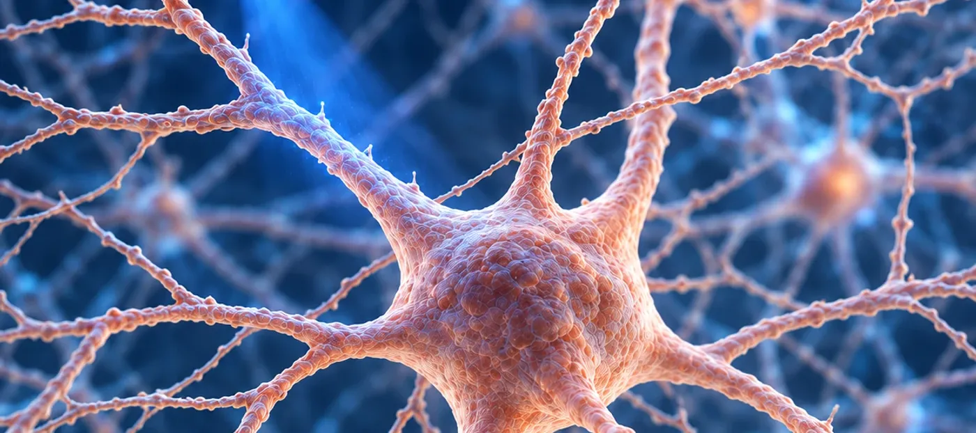 Ilustración científica de una fibra óptica iluminando una neurona