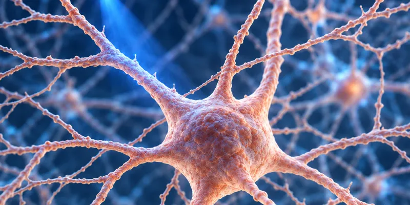 Ilustración científica de una fibra óptica iluminando una neurona